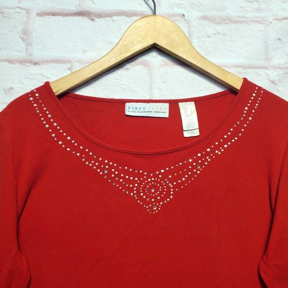 First Issue Liz Claiborne Shirt Women Large Red Rhinestone Christmas Holiday Top - Picture 5 of 11